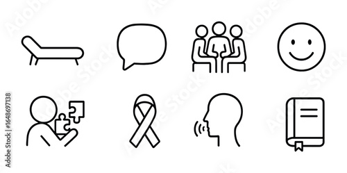 Mental Health Icons. Outline icon set of mental health support: therapist couch, chat bubble, support group,