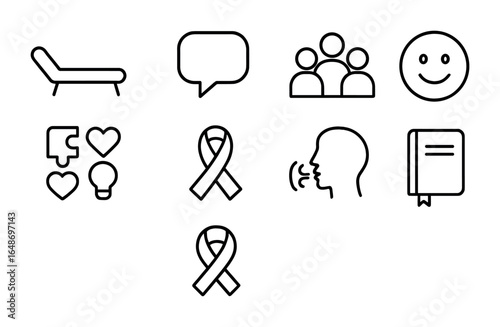 Mental Health Icons. Outline icon set of mental health support: therapist couch, chat bubble, support group,