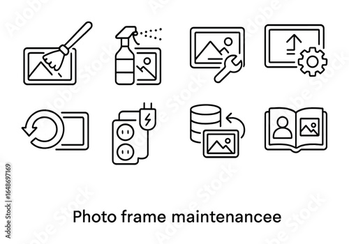 Photo Frame Maintenance Icons. Outline icon set of photo frame maintenance: dust brush, cleaning spray,