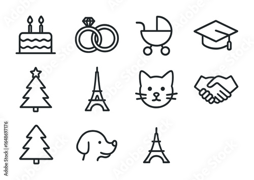Event Icon Grid. Outline icon set of family and event photo themes: birthday cake, wedding rings, baby