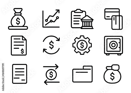 Corporate Cash Icon Set. Outline icon set of corporate cash management: treasury cash, liquidity graph, bank