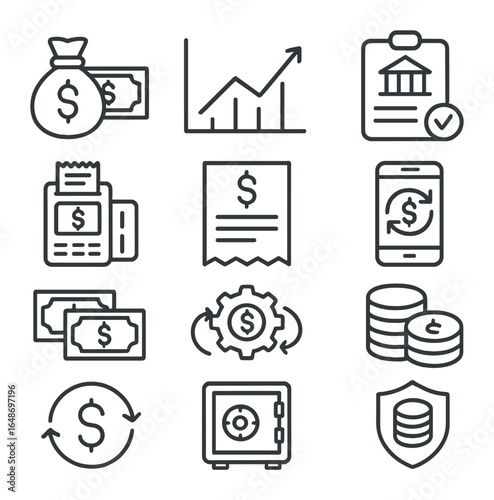 Corporate Cash Icon Set. Outline icon set of corporate cash management: treasury cash, liquidity graph, bank
