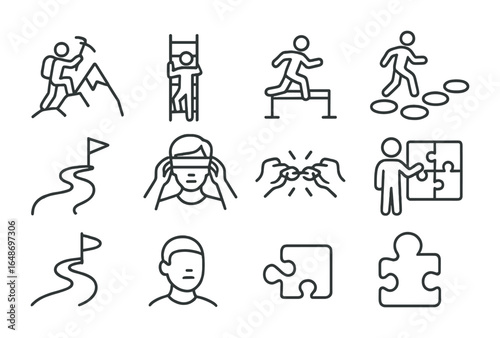 Challenge Icons Grid. Outline icon set of overcoming challenges: mountain climber, ladder, hurdle, stepping