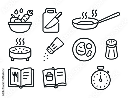 Food Prep Icons. Outline icon set of food preparation steps: washing vegetables, cutting board, sauté pan,