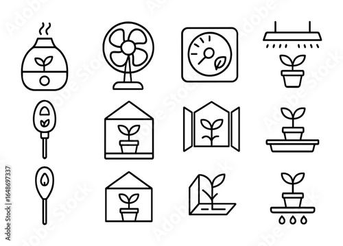 Indoor Plant Icon Set. Outline icon set of indoor plant environment: humidifier, fan, thermostat, LED grow