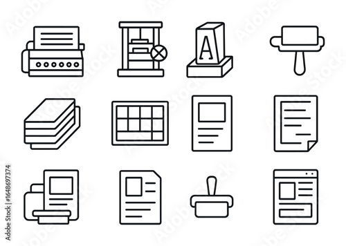 Printing Tools Icon Set. Outline icon set of type setting and printing: typesetting machine, printing press,