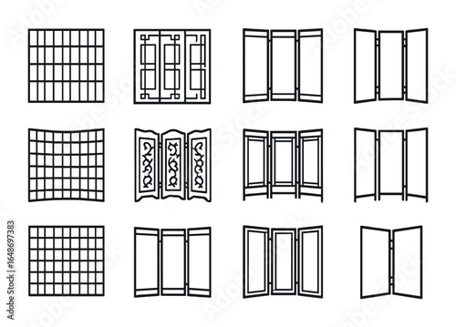 Traditional Room Divider Icons. Outline icon set of traditional room dividers: shoji screen, oriental panel,