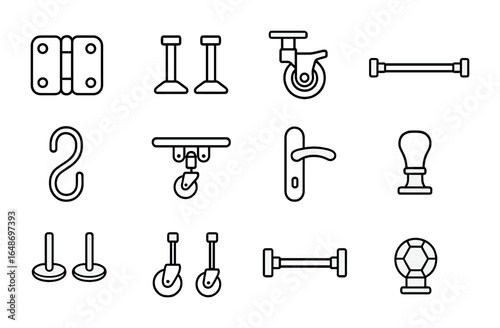 Room Divider Icons. Outline icon set of room divider accessories: hinges, feet stands, locking wheels, tension