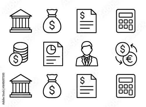 Finance Icon Set. Outline icon set of treasury and finance: bank building, money bag, tax form, calculator,