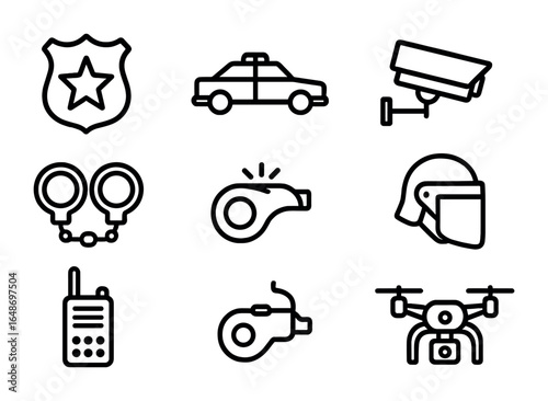 Law Enforcement Icon Set. Outline icon set of law enforcement agencies: police badge, patrol car, handcuffs,