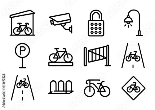 Bike Parking Icon Set. Outline icon set of bike parking features: shelter, security camera, keypad lock,