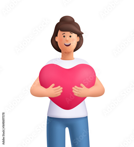 Young smiling woman Jane holding big heart. Valentine's day, wedding, love, social media concept. 3d vector people character. Cartoon minimal style.