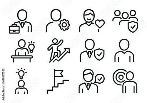 Interview Icons Grid. Outline icon set of interview questions categories: experience, skills, motivation,