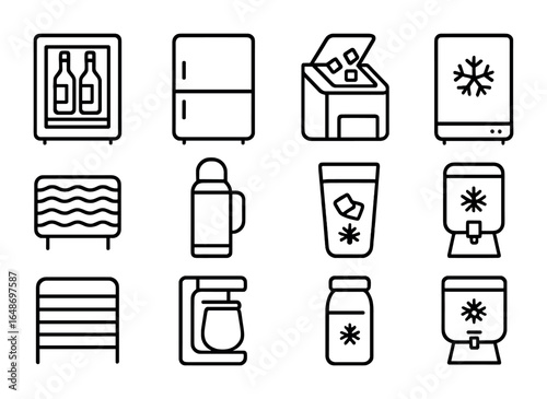 Beverage Cooling Icons. Outline icon set of beverage refrigeration: wine cooler, mini fridge, ice maker,