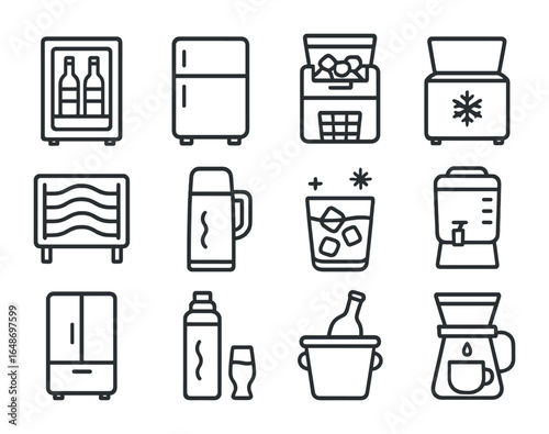 Beverage Cooling Icons. Outline icon set of beverage refrigeration: wine cooler, mini fridge, ice maker,