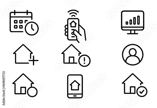 Home Automation Icons. Outline icon set of home automation features: scheduling, remote control, app interface