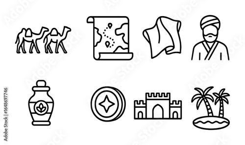 Silk Road Icons. Outline icon set of the history and evolution of the Silk Road: camel caravan, ancient map,