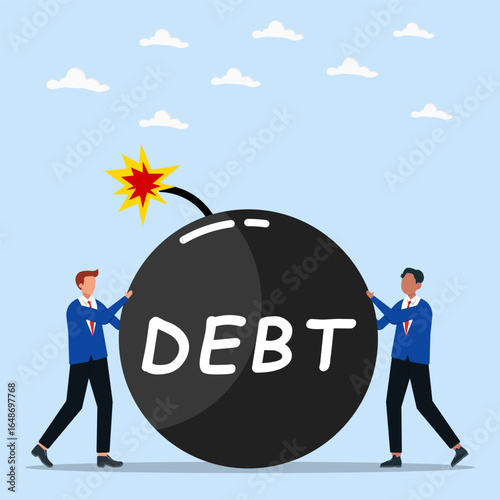 Two businessmen pushing a large bomb with labeled debt. Concept of financial crisis, risk, burden, and economic pressure.