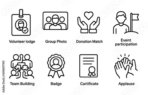 Charity Engagement Icons. Outline icon set of employee engagement in charity: volunteer badge, group photo,