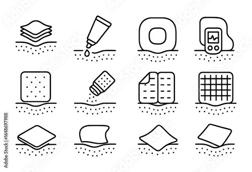 Wound Healing Icons. Outline vector icons of wound healing technologies: collagen dressing, antimicrobial gel,