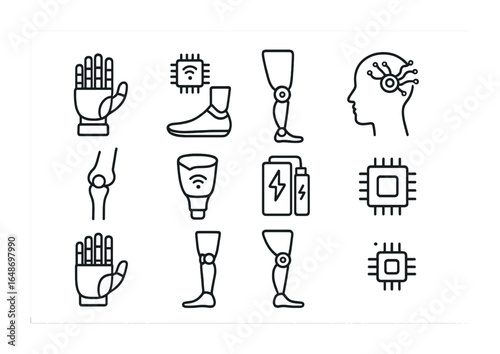 Smart Prosthetic Icons Grid. Outline vector icons of smart prosthetics: robotic hand, sensor-equipped foot,