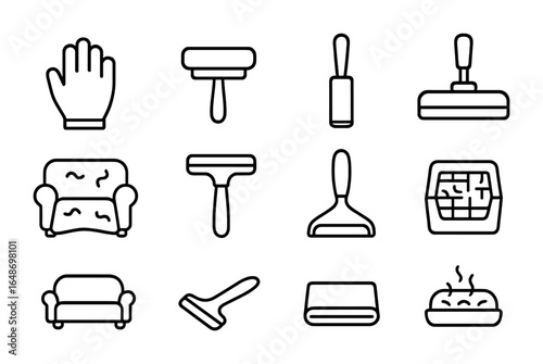 Pet Hair Removal Tools. Outline vector icons of pet hair removal from furniture: rubber glove, pet brush,