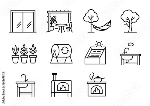 Eco Living Icons Grid. Outline vector icons of indoor-outdoor eco living: sliding glass door, green patio,