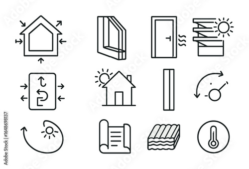 Passive House Icons. Outline vector icons of passive house design: thermal envelope, triple-glazed window,