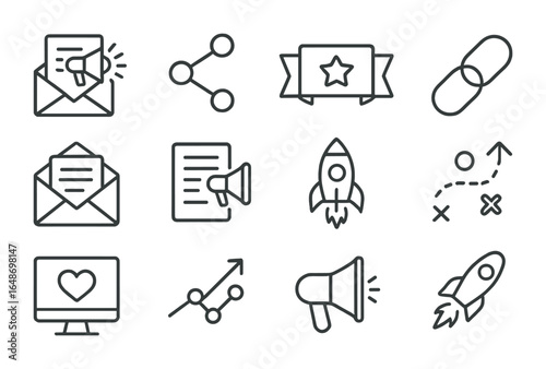 Startup Marketing Icons. Outline vector icons of startup marketing tools: email blast, social media share,