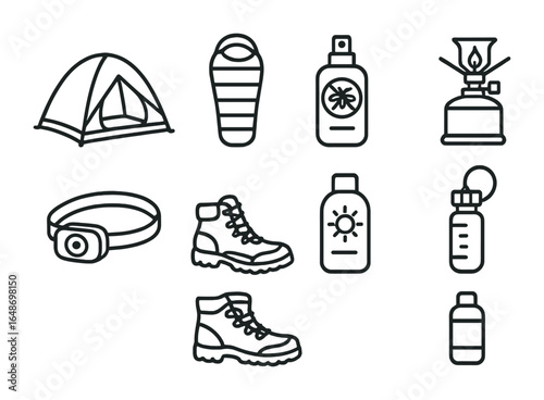 Camping Gear Icons. Outline vector icons of camping gear for a June trip: lightweight tent, sleeping bag,