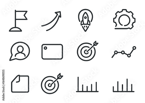 Startup Roadmap Icons. Outline vector icons of startup roadmap: milestone flag, progress arrow, launch marker,