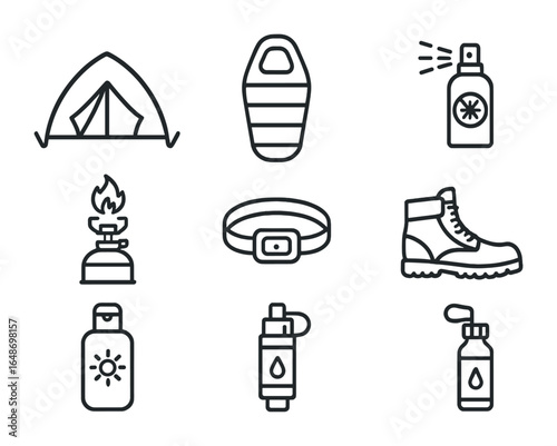 Camping Gear Icons. Outline vector icons of camping gear for a June trip: lightweight tent, sleeping bag,