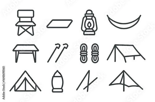 Campsite Essentials Icons. Outline vector icons of campsite setup: folding chair, ground tarp, lantern,