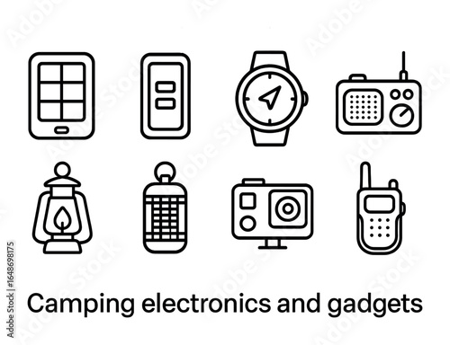 Camping Gadget Icons. Outline vector icons of camping electronics and gadgets: solar charger, battery bank,