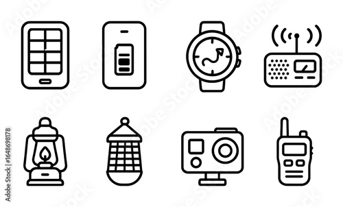Camping Gadget Icons. Outline vector icons of camping electronics and gadgets: solar charger, battery bank,