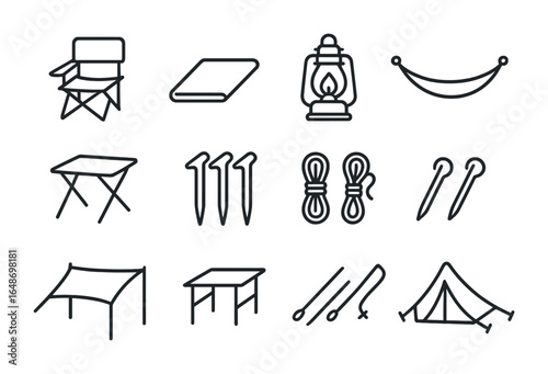 Campsite Essentials Icons. Outline vector icons of campsite setup: folding chair, ground tarp, lantern,