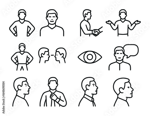 Confidence Icon Grid. Outline vector icons of self-confidence and assertiveness: upright posture, confident
