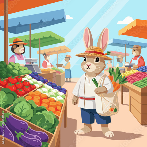 A charming cartoon rabbit in a straw hat and traditional clothing carrying a mesh bag of fresh carrots.