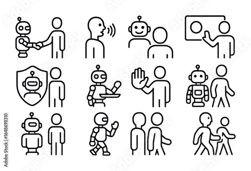 Robot Interaction Icons. Outline vector icons of robot-human interaction: handshake gesture, command voice,