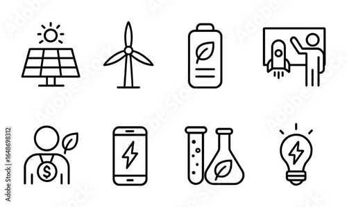 Renewable Energy Icons. Outline vector icons of renewable energy startups: solar panel, wind turbine, green
