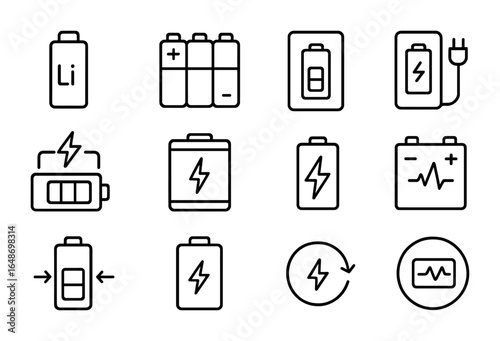 Battery Innovation Icons. Outline vector icons of battery and storage innovation: lithium cell, battery pack,