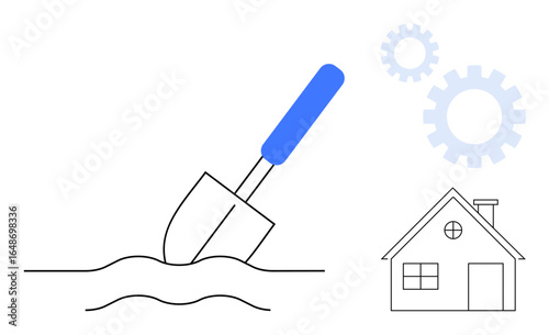 Shovel digging soil next to gears and house facade. Ideal for construction, property investment, real estate, planning, growth, innovation, and teamwork. Simple flat metaphor