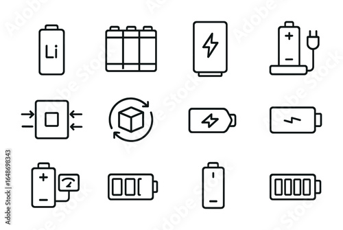 Battery Innovation Icons. Outline vector icons of battery and storage innovation: lithium cell, battery pack,