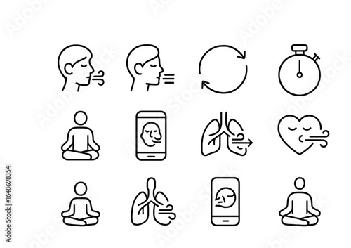 Breathing Mindfulness Icons. Outline vector icons of breathing and mindfulness: deep inhale, exhale symbol,