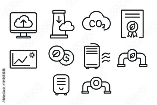 Carbon Capture Icons. Outline vector icons of carbon capture and reduction tech: carbon monitor, capture tower