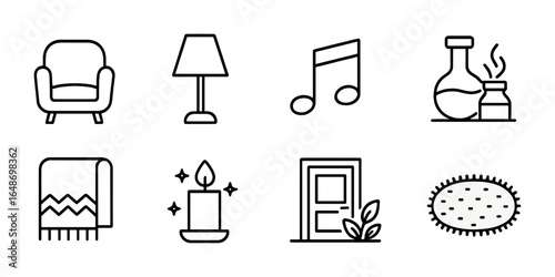 Calming Home Icons. Outline vector icons of calming home environments: cozy chair, warm lamp, relaxing music,