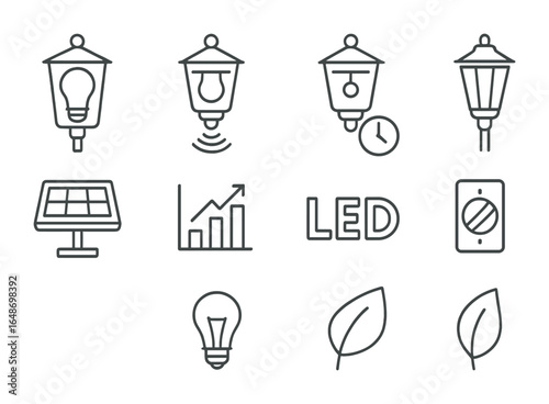 Energy-Saving Lighting Icons. Outline vector icons of energy-efficient outdoor lighting: low watt bulb, motion