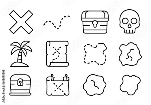 Treasure Hunt Icons. Outline vector icons of treasure hunt maps: X mark, pirate path, dotted line, treasure