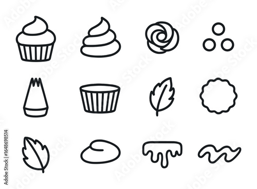 Cupcake Decoration Icons. Outline vector icons of cupcake and mini dessert decoration: swirl top, mini rose,