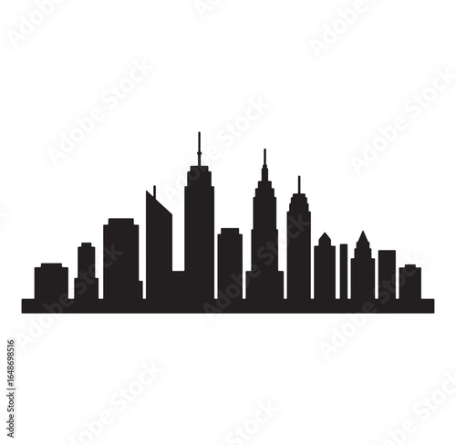 Monochrome silhouette of a city skyline with tall buildings and modern architecture